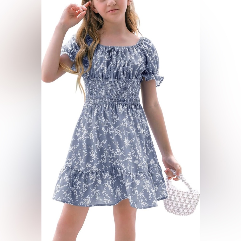 Goranbon Girls' Summer Floral Puff Sleeve Square Neck Smocked Flowy Sun Dress